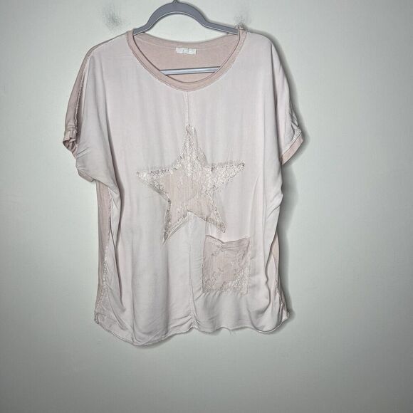 Made In Italy Top Womens One Size Tee Shirt Pink Star Patch Boho Slouchy Pocket - Picture 12 of 16